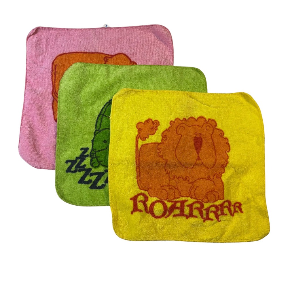 Vintage Animal Washcloth Set 3 Cotton Lion Hippo Turtle Made in USA Retro Bath